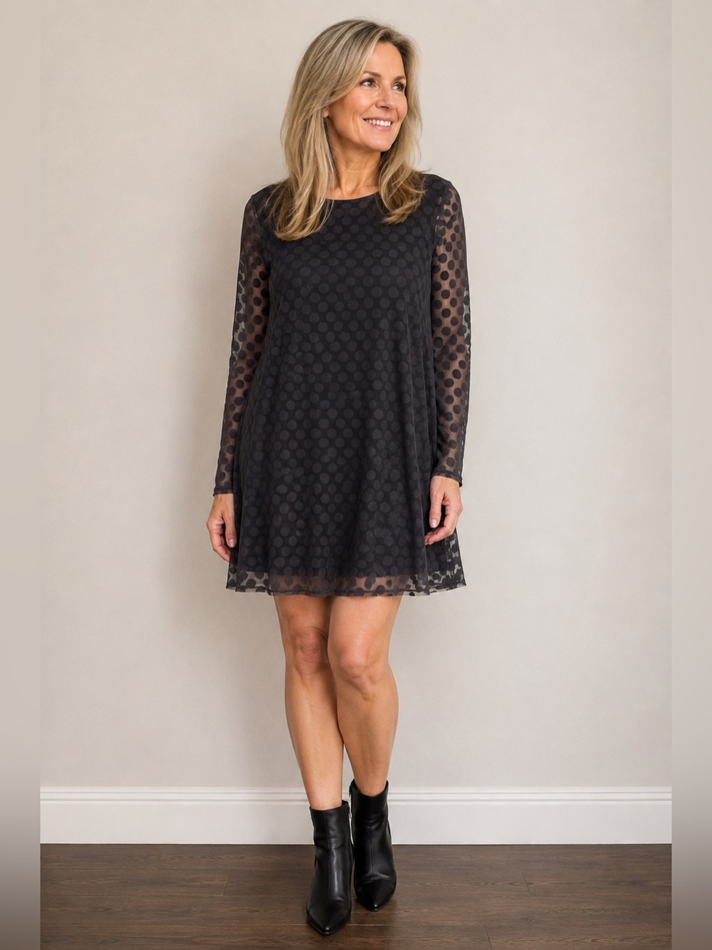 Angela Mara Made in Italy Black Polka Dot Mesh Mini Dress – Size L – NWT